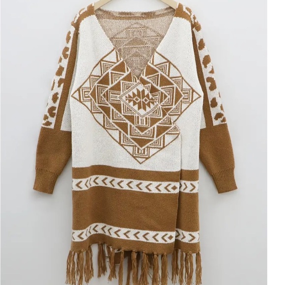 NEW! 1 Left 🪶Boho caramel fringe wrap cardigan - Picture 3 of 13
